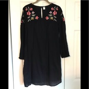 Old Navy Floral Embroidered Tunic Dress Black V-Neck Size S